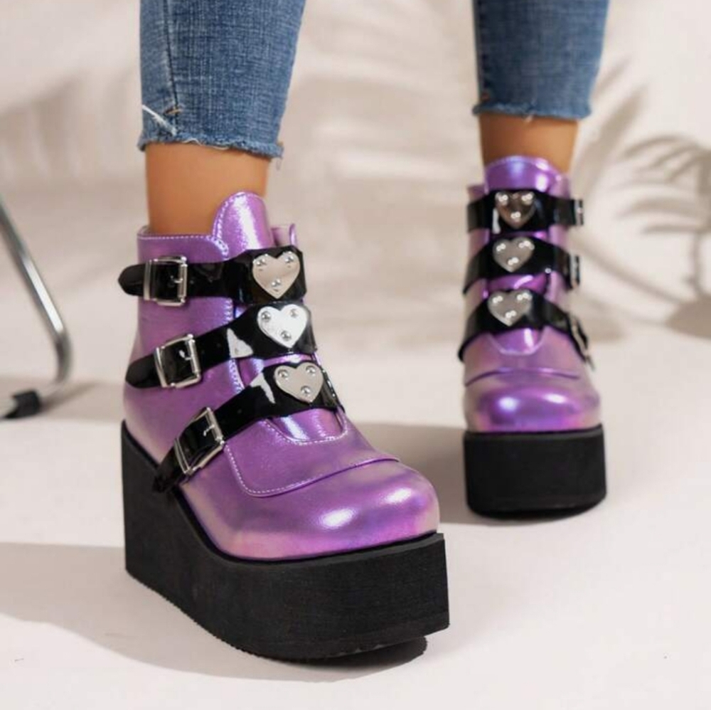 Holographic Laser Purple Platform Heart Buckle Boots